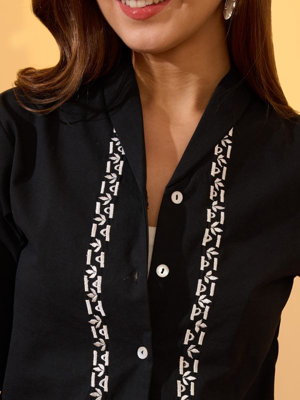 Globus Women Black Notch Lapel Collar Embroidered Border Shirt with Mini Shorts Resort Co-Ords Set