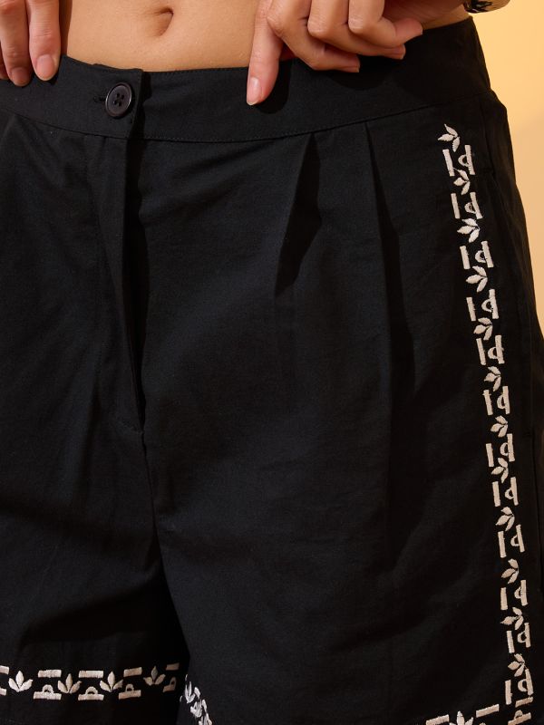 Globus Women Black Notch Lapel Collar Embroidered Border Shirt with Mini Shorts Resort Co-Ords Set