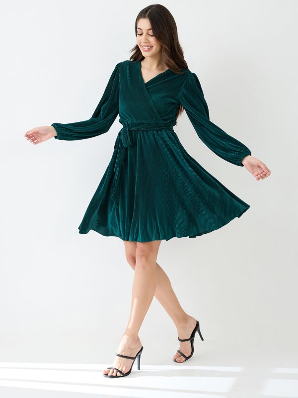 Globus Women Green Wrap Neck Bishop Sleeves Accordion Pleated Belted A-Line Dress