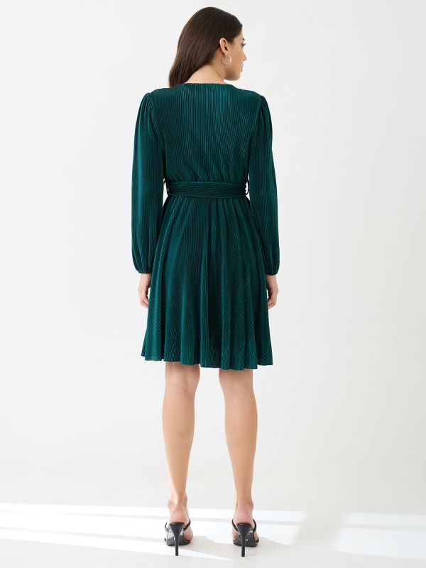 Globus Women Green Wrap Neck Bishop Sleeves Accordion Pleated Belted A-Line Dress