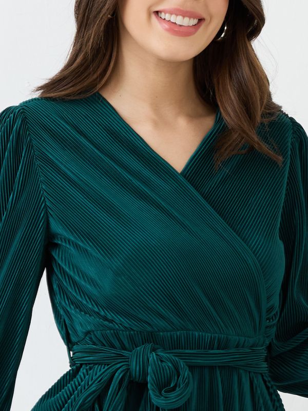Globus Women Green Wrap Neck Bishop Sleeves Accordion Pleated Belted A-Line Dress