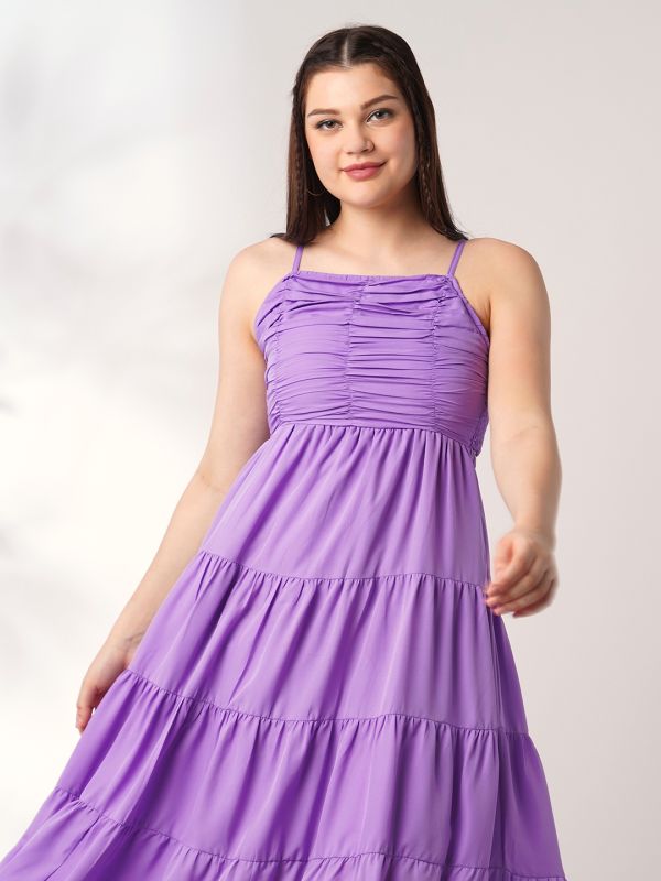 Globus Women Lavender Square Neck Strappy Shoulder Ruched Smocked Cut-Outs Detail Tiered Fit & Flare Maxi Party Dress