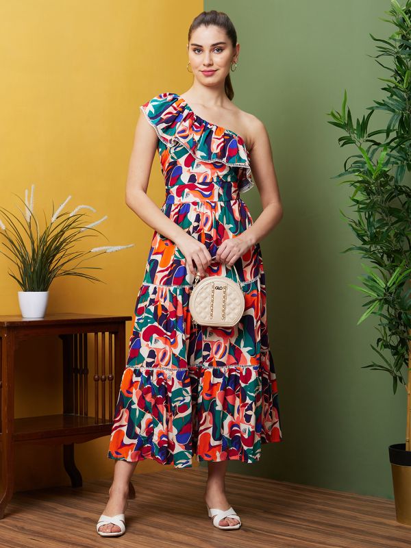Globus Women Multi Printed Casual One Shoulder Maxi Dress