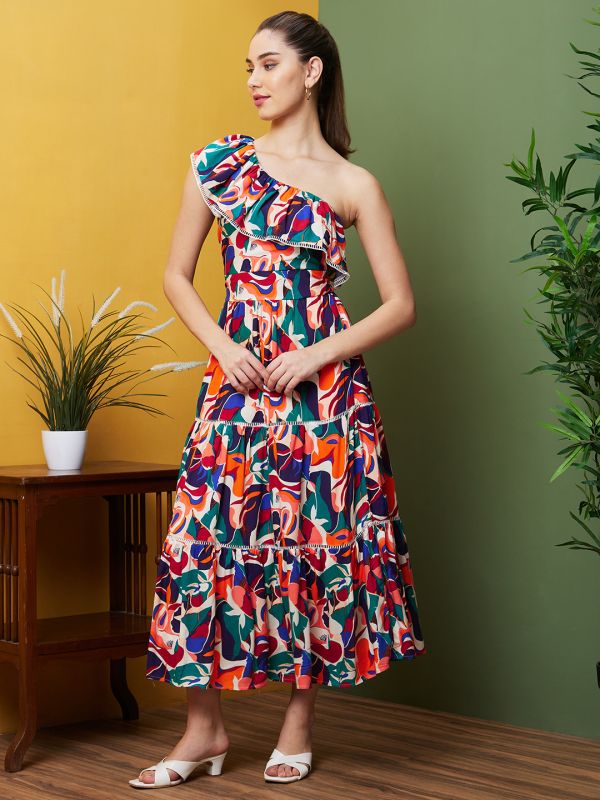 Globus Women Multi Printed Casual One Shoulder Maxi Dress