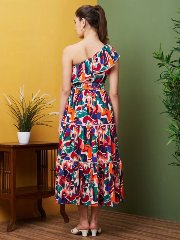 Globus Women Multi Printed Casual One Shoulder Maxi Dress