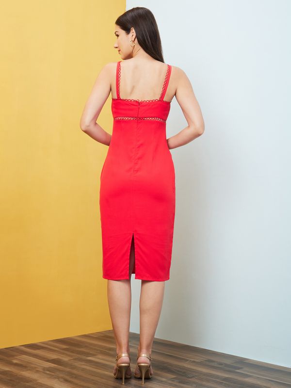 Globus Women Red Solid Strappy Shoulder Lace Inserts Bodycon Party Dress