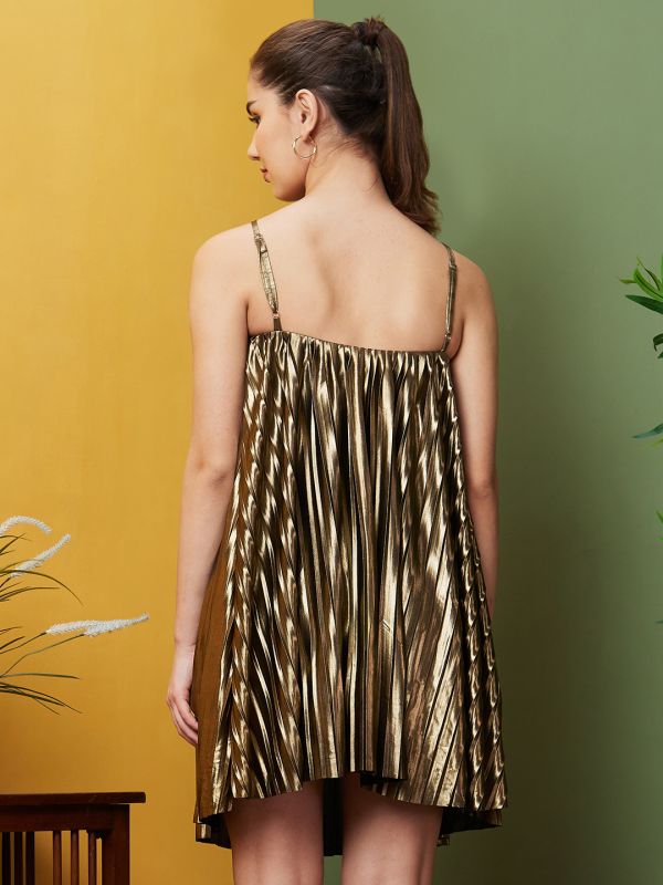 Globus Women Gold Solid Party Halter Neck A-Line Dress
