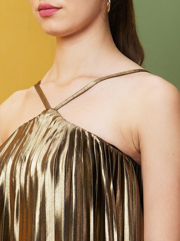 Globus Women Gold Solid Party Halter Neck A-Line Dress