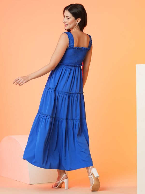 Globus Women Blue Square Neck Strappy Shoulder Smocked Tiered Fit & Flare Maxi Dress