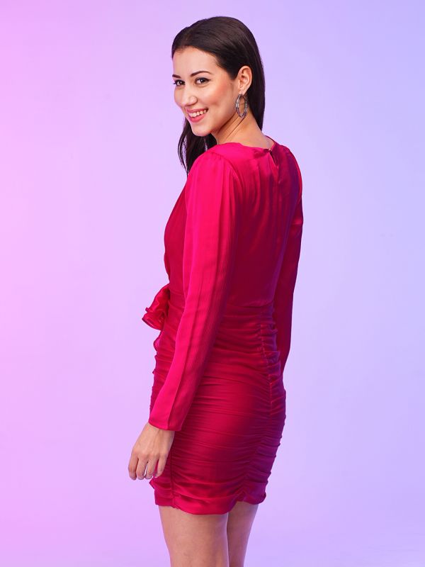 Globus Women Pink Cascade Detail Ruched Bodycon Mini Party Dress