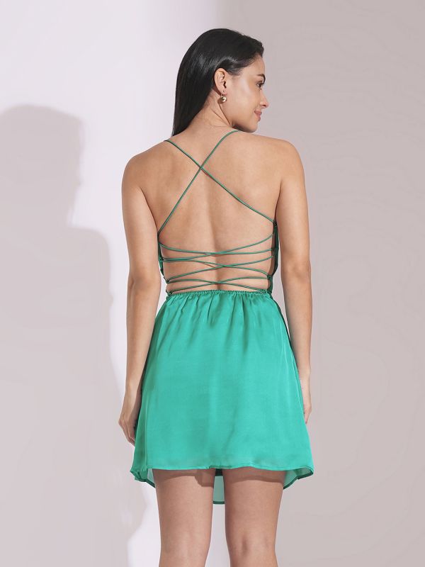 Globus Women Green Cowl Neck Strappy Shoulder Backless Fit & Flare Mini Party Dress
