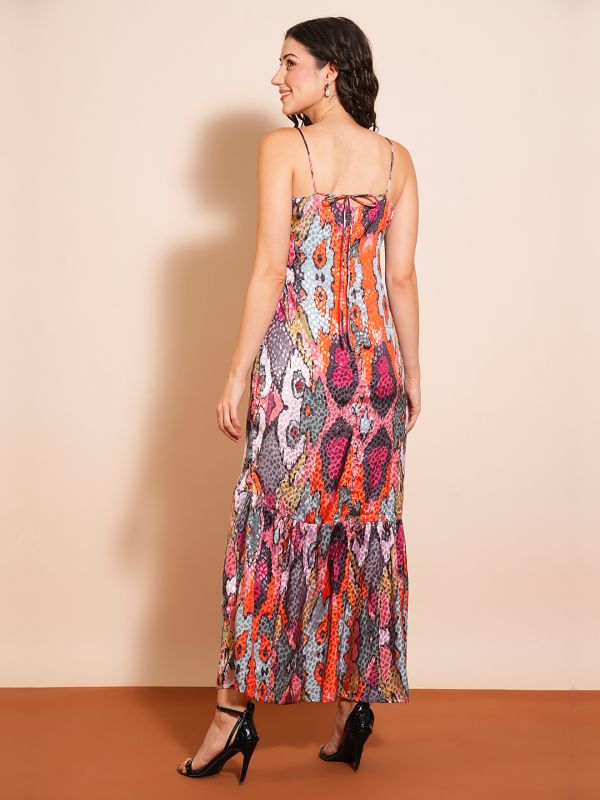 Globus Women Multi Colour Animal Print Noodle Straps Fit and Flare Back Tie-Up Styling Maxi Party Dress