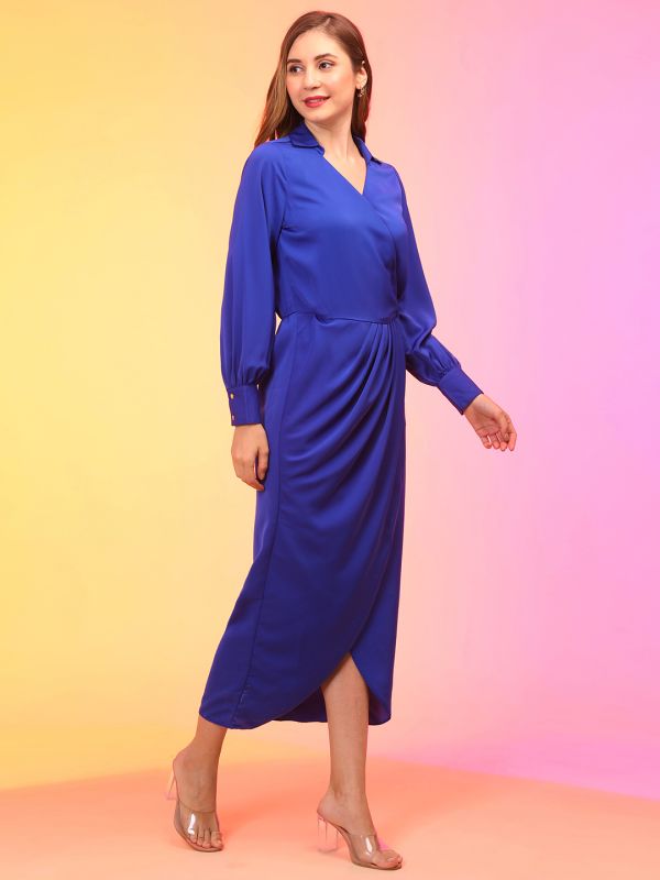 Globus Women Blue Wrap Neck Shirt Collar Cuff Sleeves Tulip Maxi Party Dress
