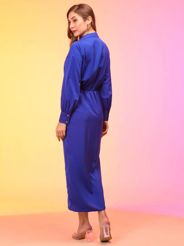 Globus Women Blue Wrap Neck Shirt Collar Cuff Sleeves Tulip Maxi Party Dress