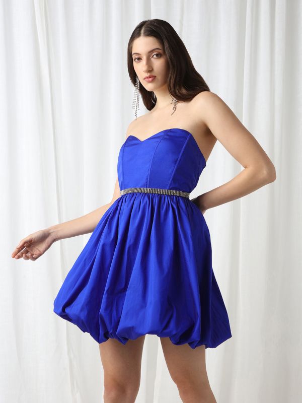 Globus Women Blue Strapless Sweetheart Neck Panelled Balloon Party Dress