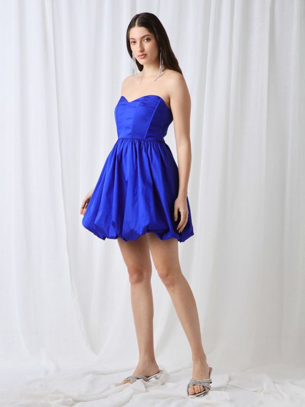 Globus Women Blue Strapless Sweetheart Neck Panelled Balloon Party Dress