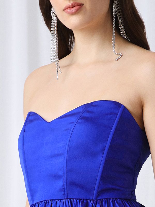 Globus Women Blue Strapless Sweetheart Neck Panelled Balloon Party Dress