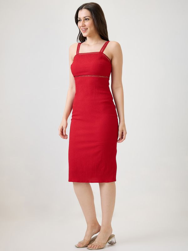 Globus Women Red Self Design Strappy Shoulder Lace Inserts Back Slit Bodycon Midi Party Dress