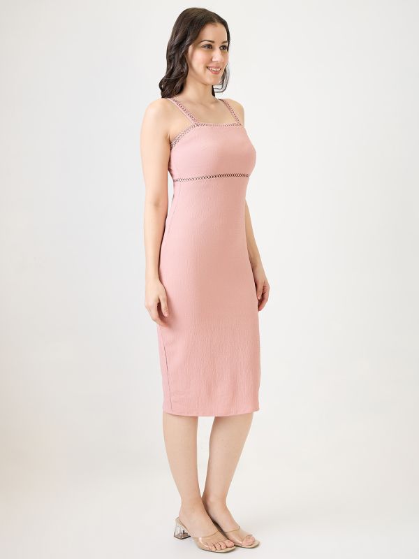 Globus Women Pink Self Design Strappy Shoulder Lace Inserts Back Slit Bodycon Midi Party Dress