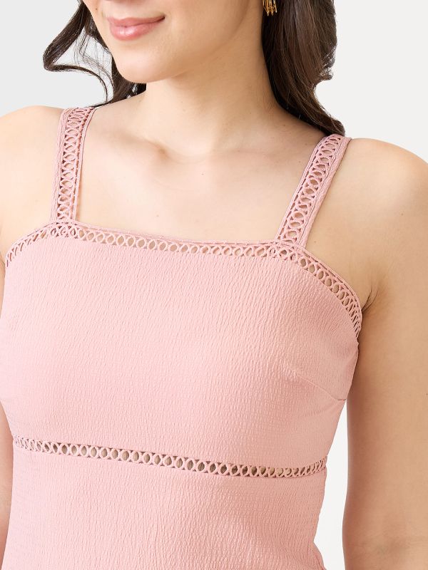 Globus Women Pink Self Design Strappy Shoulder Lace Inserts Back Slit Bodycon Midi Party Dress