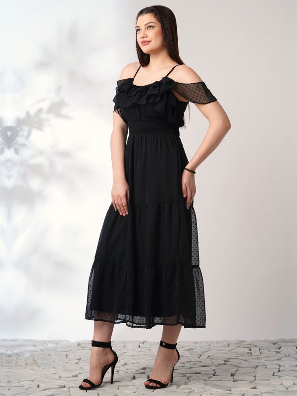 Globus Women Black Off Shoulder Self Design Ruffles Detail Smocked Fit & Flare Midi Party Dress