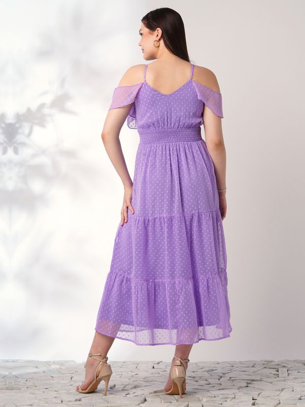 Globus Women Lavender Off Shoulder Self Design Ruffles Detail Smocked Fit & Flare Midi Party Dress