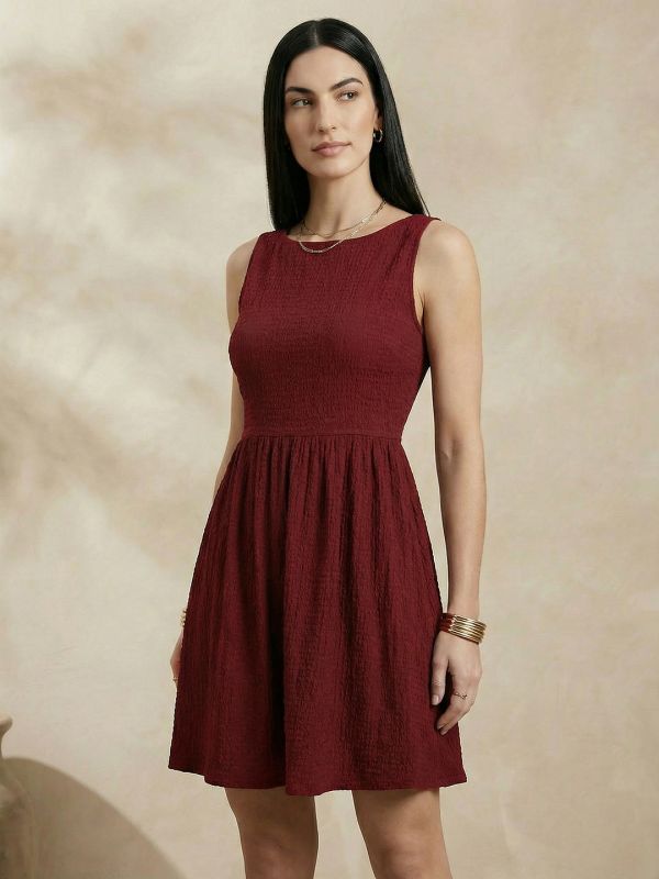 Globus Women Red Structured Fabric Boat Neck With Stylised Back Gathered Fit & Flare Party Dress