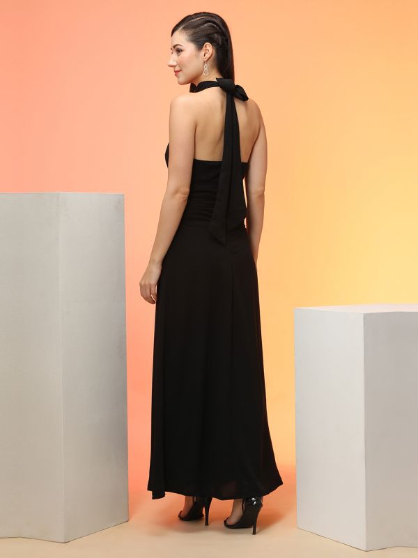 Globus Women Black Tie-Up Halter Neck Keyhole Detail Fit & Flare Maxi Party Dress