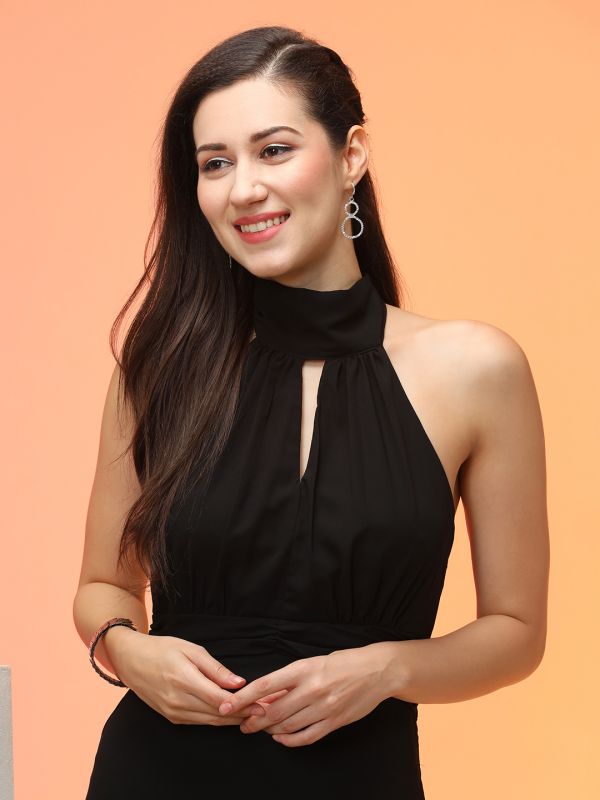 Globus Women Black Tie-Up Halter Neck Keyhole Detail Fit & Flare Maxi Party Dress