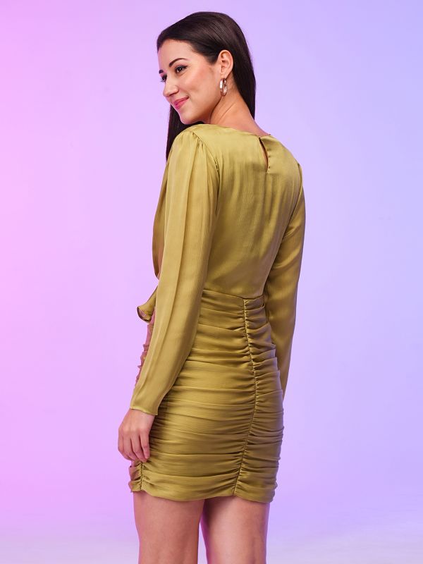 Globus Women Green Cascade Detail Ruched Bodycon Mini Party Dress