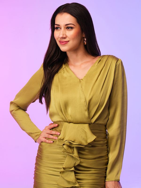 Globus Women Green Cascade Detail Ruched Bodycon Mini Party Dress