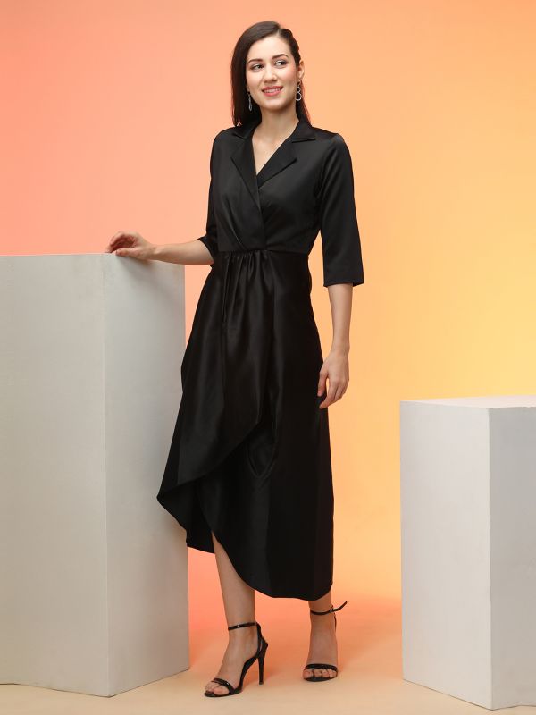 Globus Women Black Stretchable Notched Lapel Gathered Midi Workwear Blazer Dress With Tulip Hem