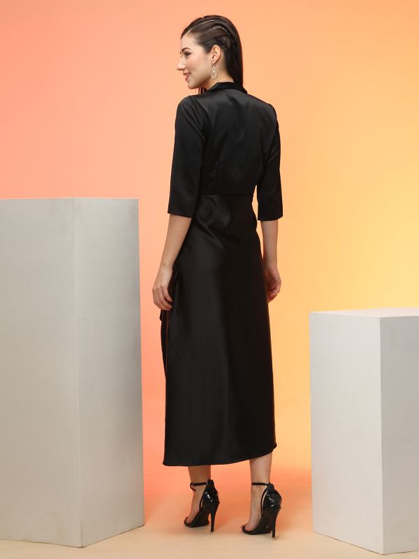 Globus Women Black Stretchable Notched Lapel Gathered Midi Workwear Blazer Dress With Tulip Hem