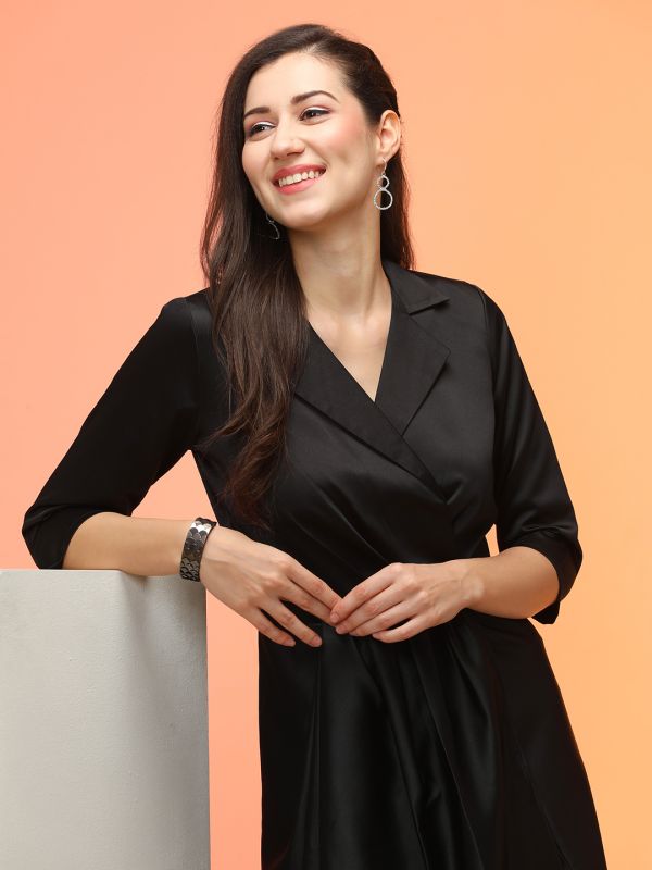 Globus Women Black Stretchable Notched Lapel Gathered Midi Workwear Blazer Dress With Tulip Hem