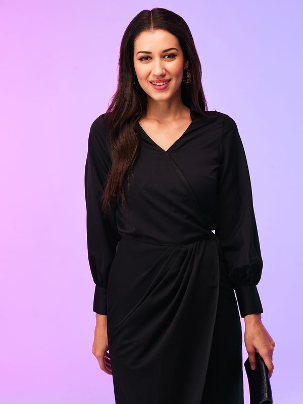 Globus Women Black Shirt Collar Cuffed Sleeves Pleated Tulip Hem Midi Party Wrap Dress