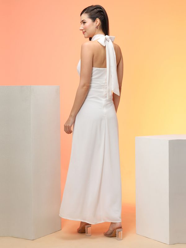Globus Women White Tie-Up Halter Neck Keyhole Detail Fit & Flare Maxi Party Dress