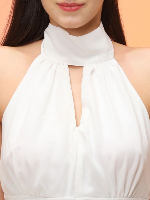 Globus Women White Tie-Up Halter Neck Keyhole Detail Fit & Flare Maxi Party Dress
