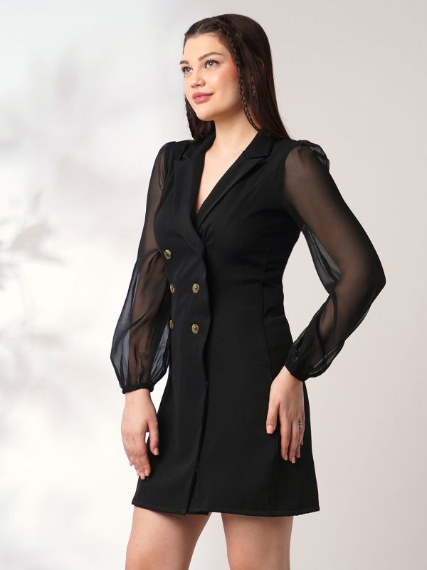 Globus Women Black Peak Lapel Bishop Sleeves Button Detail Mini Workwear Blazer Dress