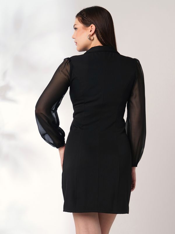 Globus Women Black Peak Lapel Bishop Sleeves Button Detail Mini Workwear Blazer Dress