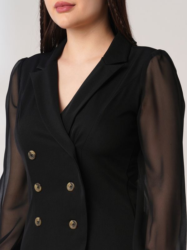 Globus Women Black Peak Lapel Bishop Sleeves Button Detail Mini Workwear Blazer Dress