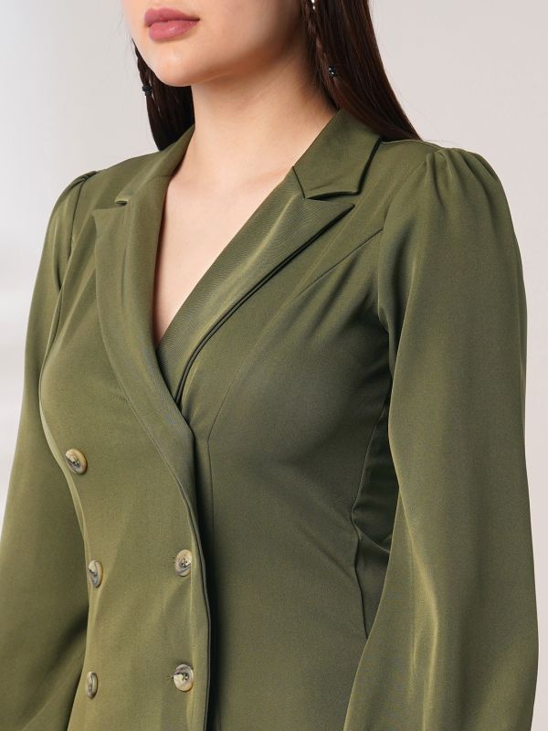 Globus Women Green Peak Lapel Bishop Sleeves Button Detail Mini Workwear Blazer Dress