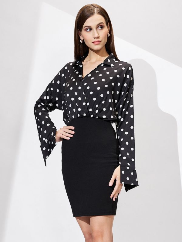 Globus Women Black Shirt Collar Cuffed Sleeves Polka Dots Satin Gathered Mini Bodycon Workwear Dress