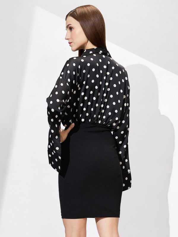 Globus Women Black Shirt Collar Cuffed Sleeves Polka Dots Satin Gathered Mini Bodycon Workwear Dress