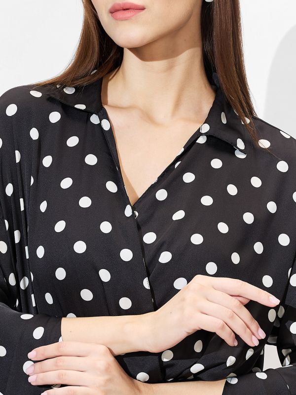 Globus Women Black Shirt Collar Cuffed Sleeves Polka Dots Satin Gathered Mini Bodycon Workwear Dress