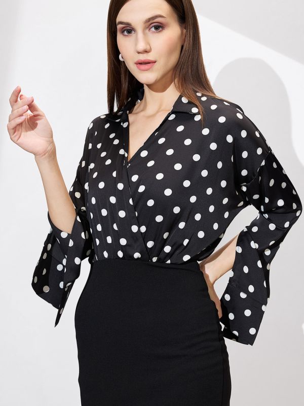 Globus Women Black Shirt Collar Cuffed Sleeves Polka Dots Satin Gathered Mini Bodycon Workwear Dress