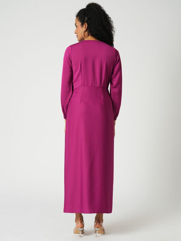 Globus Women Magenta Wrap Neck Full Sleeves Tulip Hem Satin Midi Sheath Party Dress