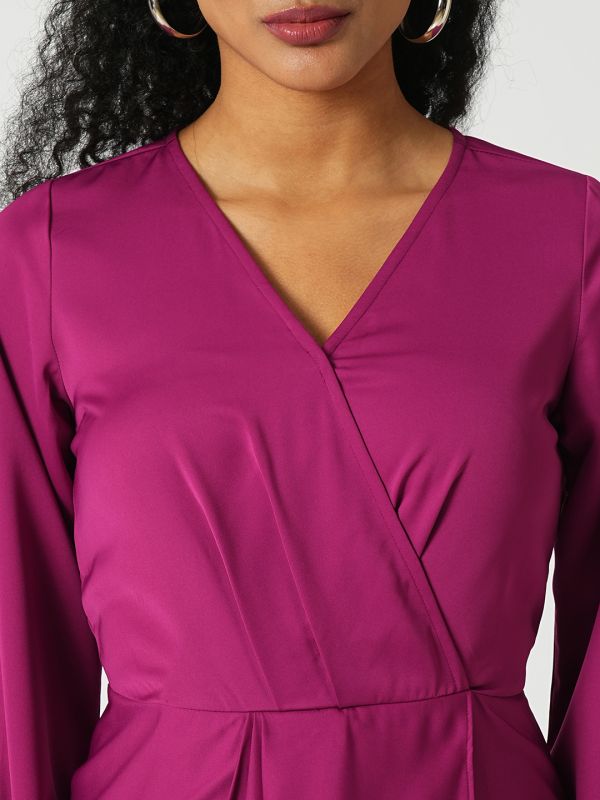 Globus Women Magenta Wrap Neck Full Sleeves Tulip Hem Satin Midi Sheath Party Dress