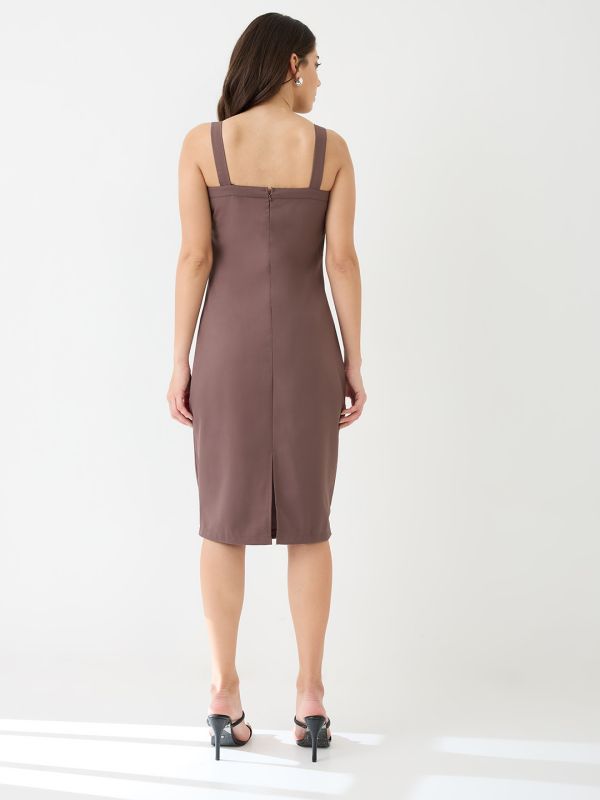 Globus Women Brown Buckle Detail Square Neck Strappy Shoulder Korean Midi Sheath Party Dress