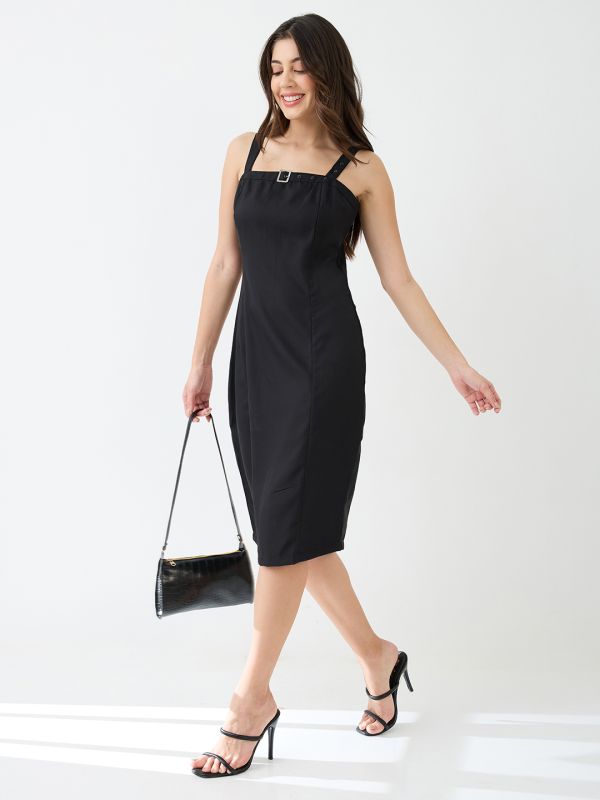 Globus Women Black Buckle Detail Square Neck Strappy Shoulder Korean Midi Sheath Party Dress