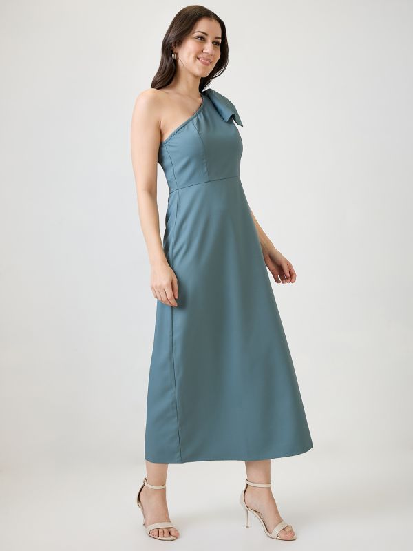 Globus Women Blue One Shoulder Bow Detail Side Slit A-Line Maxi Party Dress